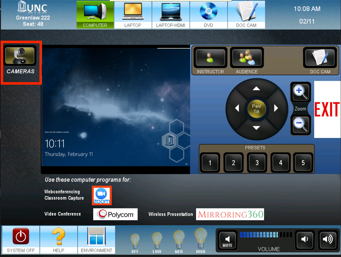computer control panel with camera and zoom settings