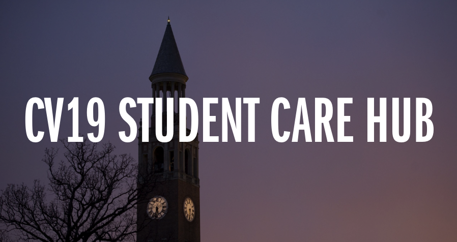 cv19 student care hub text in front of bell tower