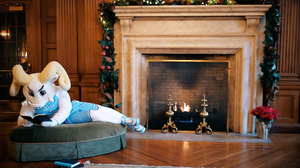 Carolina mascot Rameses reading a book by the fireplace