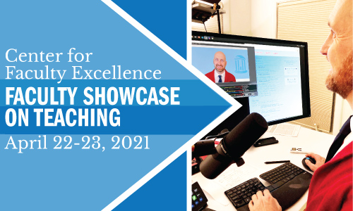 Faculty Showcase on Teaching April 22 and 23 banner features Carolina professor Kris Jordan editing on-screen video